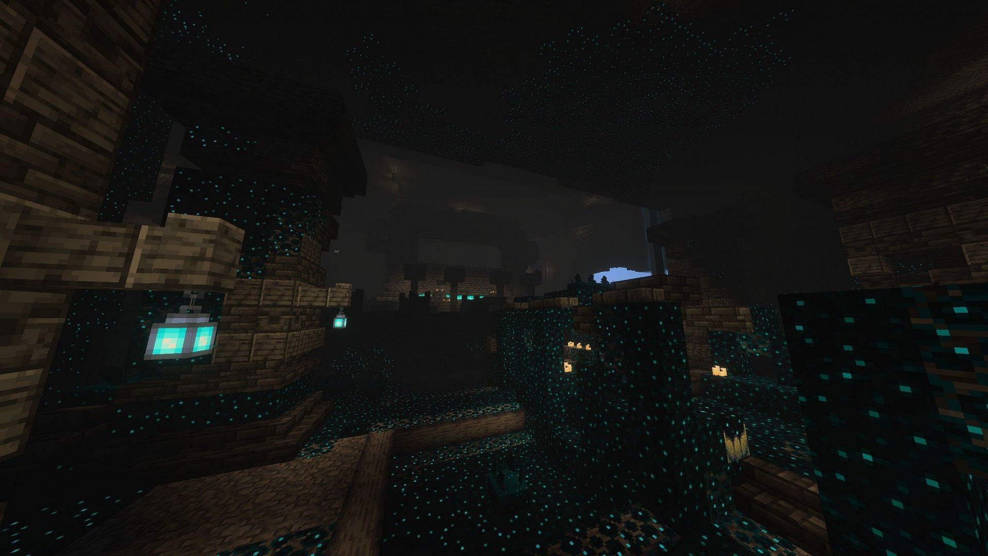 Ancient City with sculk blocks looks stunning yet eerie with Vibrant Visuals. (Image via Sportskeeda Gaming || Mojang Studios)
